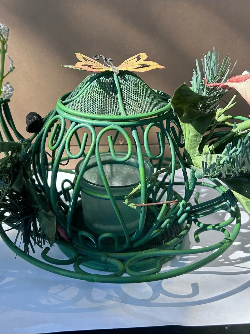 Vintage 4 Piece Green Wire Teapot Tea Light Holder with Butterfly Lid.